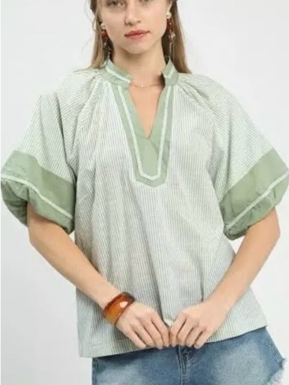 Umgee Light Sage Green Striped  Puff Sleeve Boutique Blouse